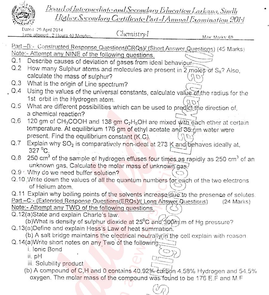 Chemistry FSC Part 1 Past Paper Group 1 BISE Larkana 2014