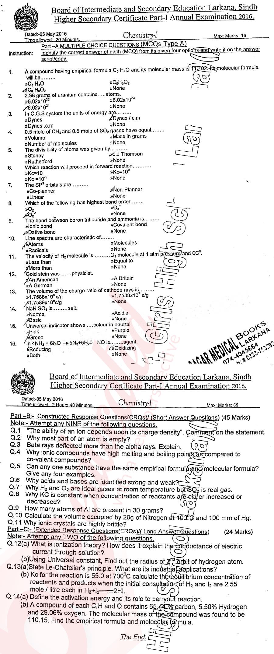 Chemistry FSC Part 1 Past Paper Group 1 BISE Larkana 2016