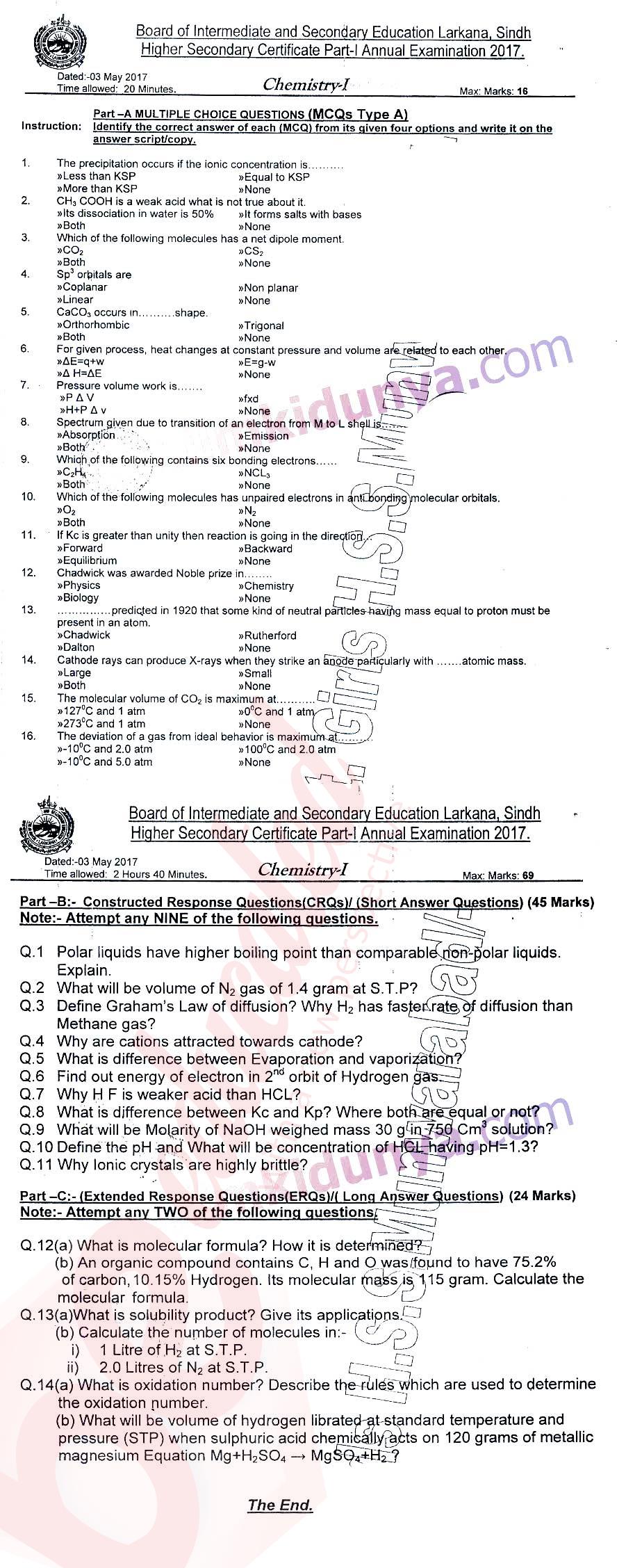 Chemistry FSC Part 1 Past Paper Group 1 BISE Larkana 2017