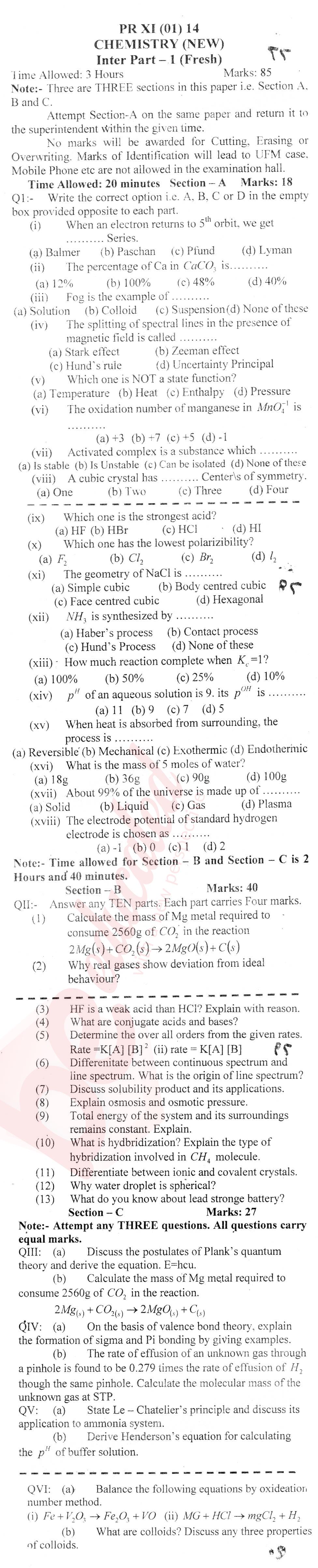 Chemistry FSC Part 1 Past Paper Group 1 BISE Mardan 2014