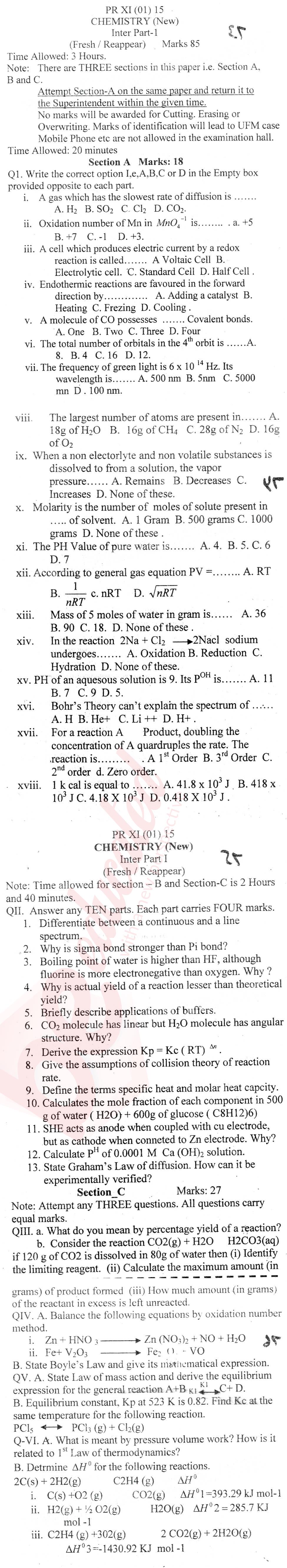 Chemistry FSC Part 1 Past Paper Group 1 BISE Mardan 2015