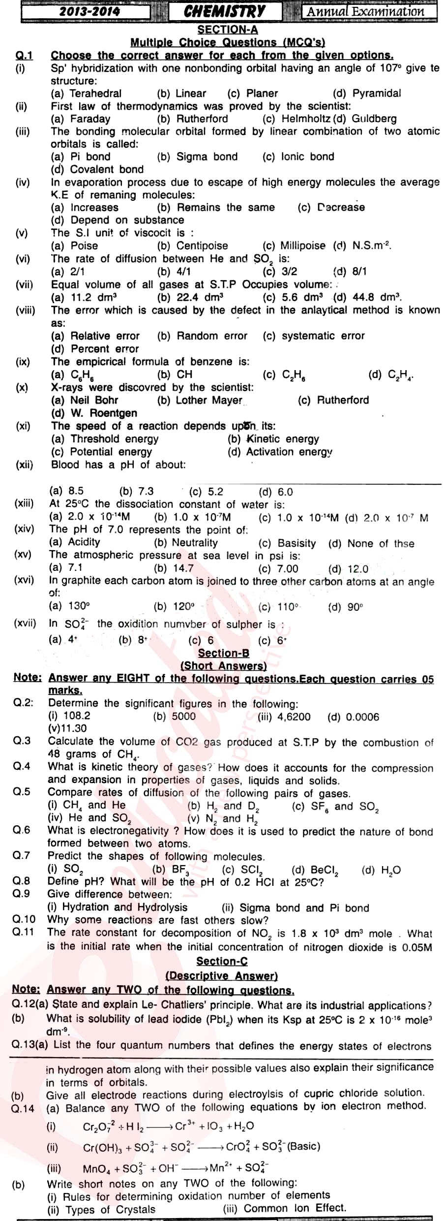 Chemistry FSC Part 1 Past Paper Group 1 BISE Mirpurkhas 2014