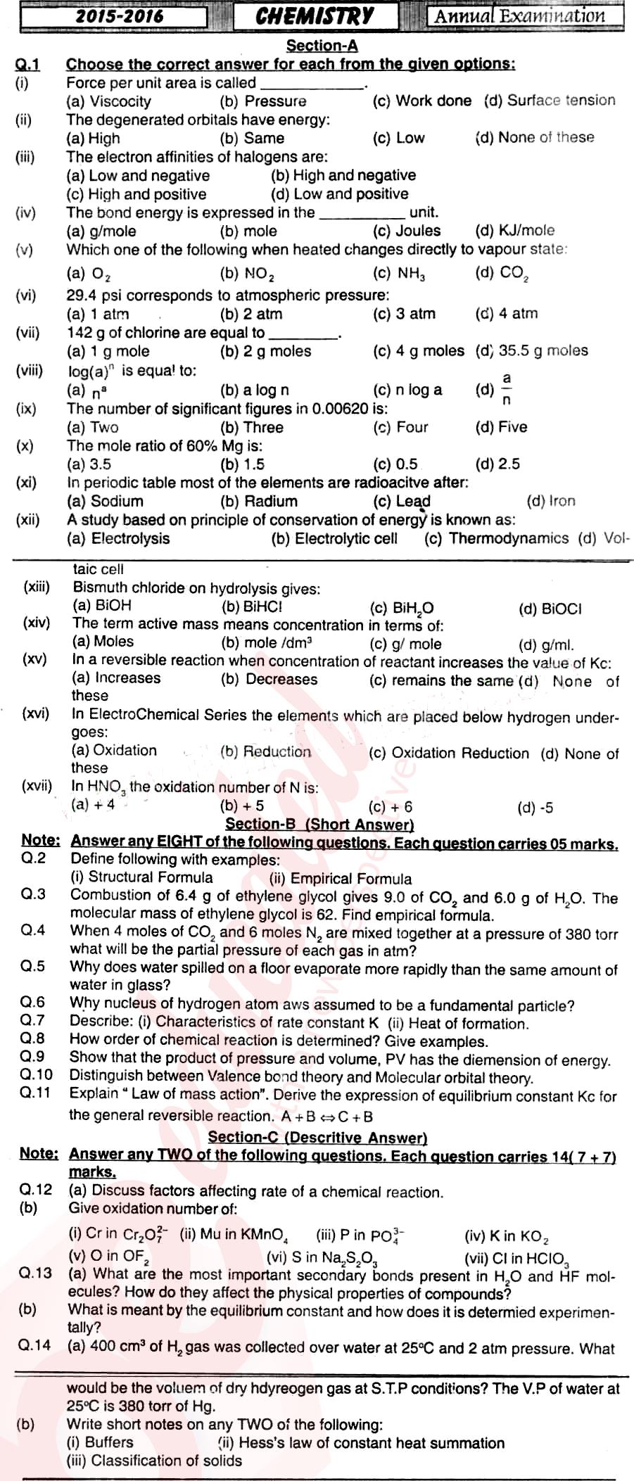 Chemistry FSC Part 1 Past Paper Group 1 BISE Mirpurkhas 2016