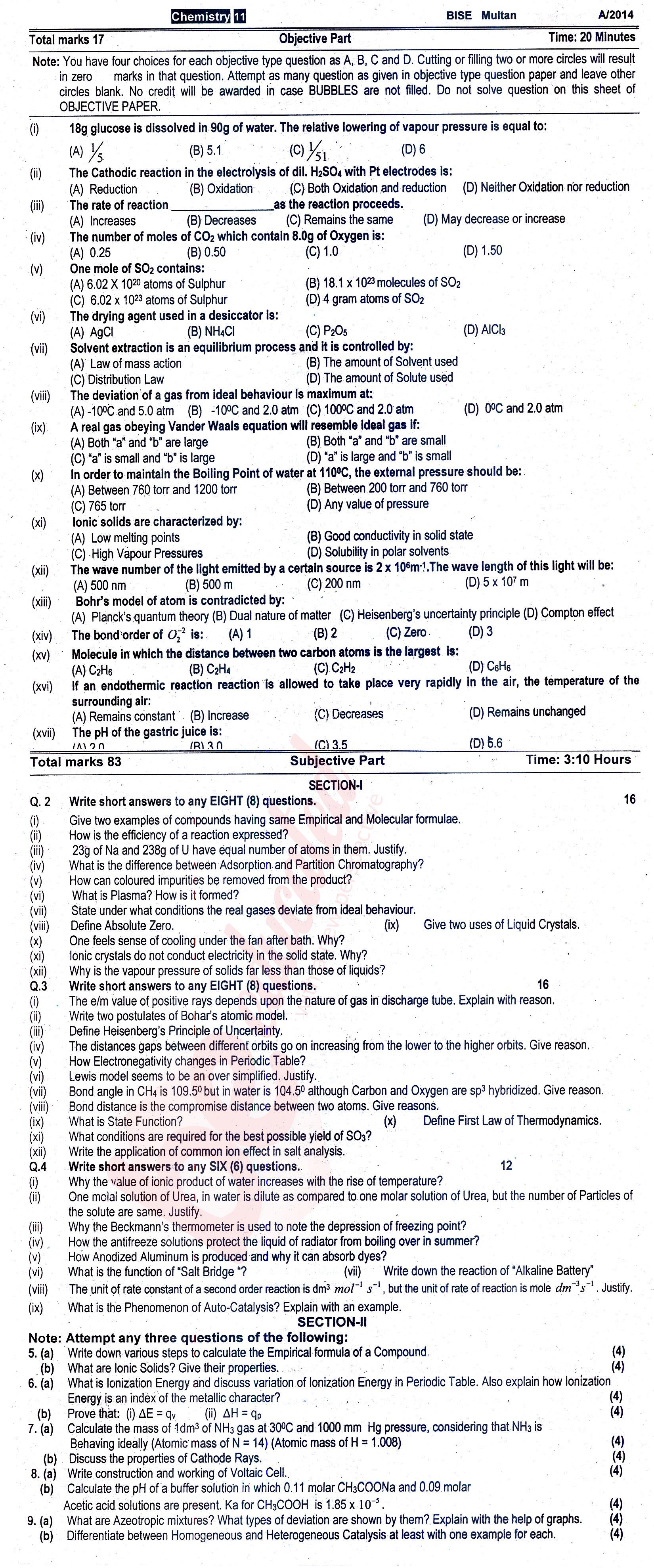 Chemistry FSC Part 1 Past Paper Group 1 BISE Multan 2014