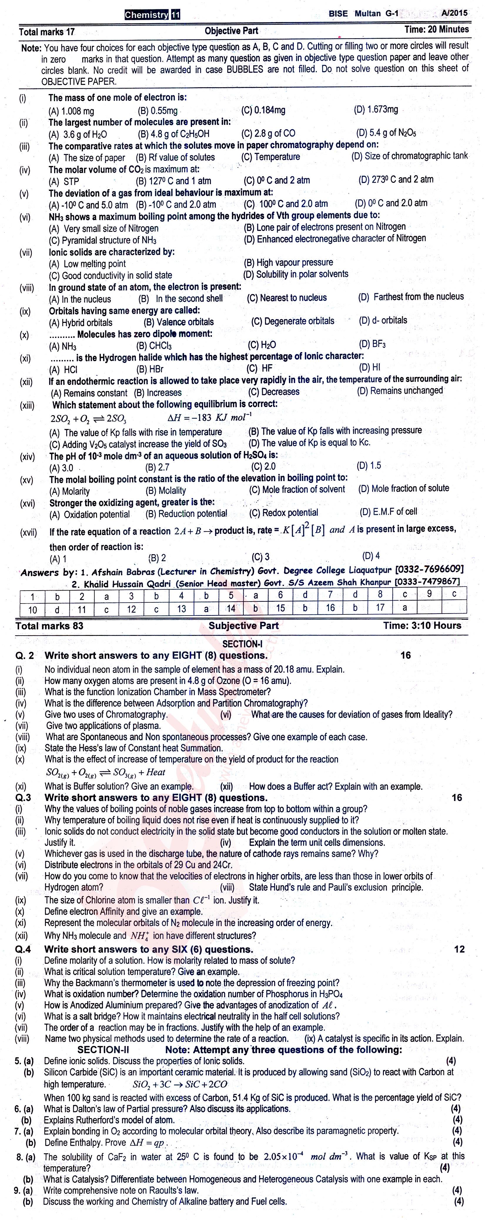 Chemistry FSC Part 1 Past Paper Group 1 BISE Multan 2015