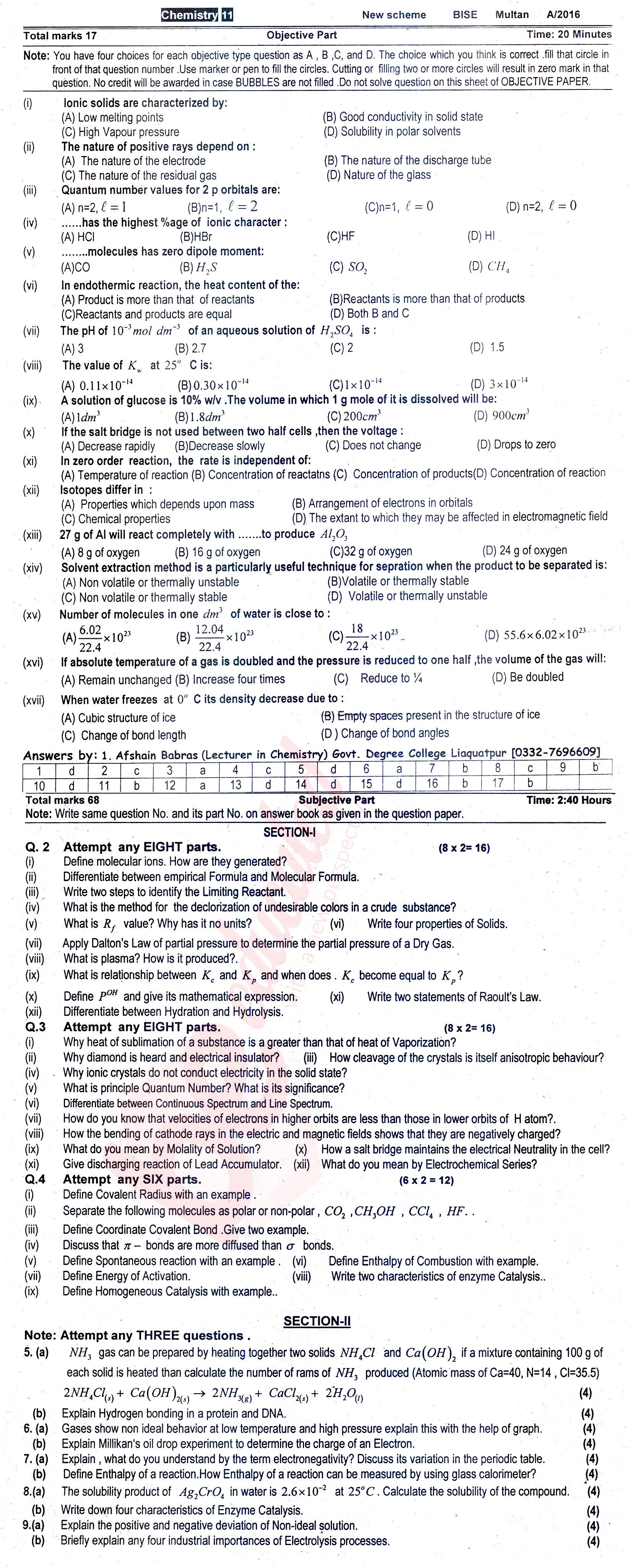 Chemistry FSC Part 1 Past Paper Group 1 BISE Multan 2016