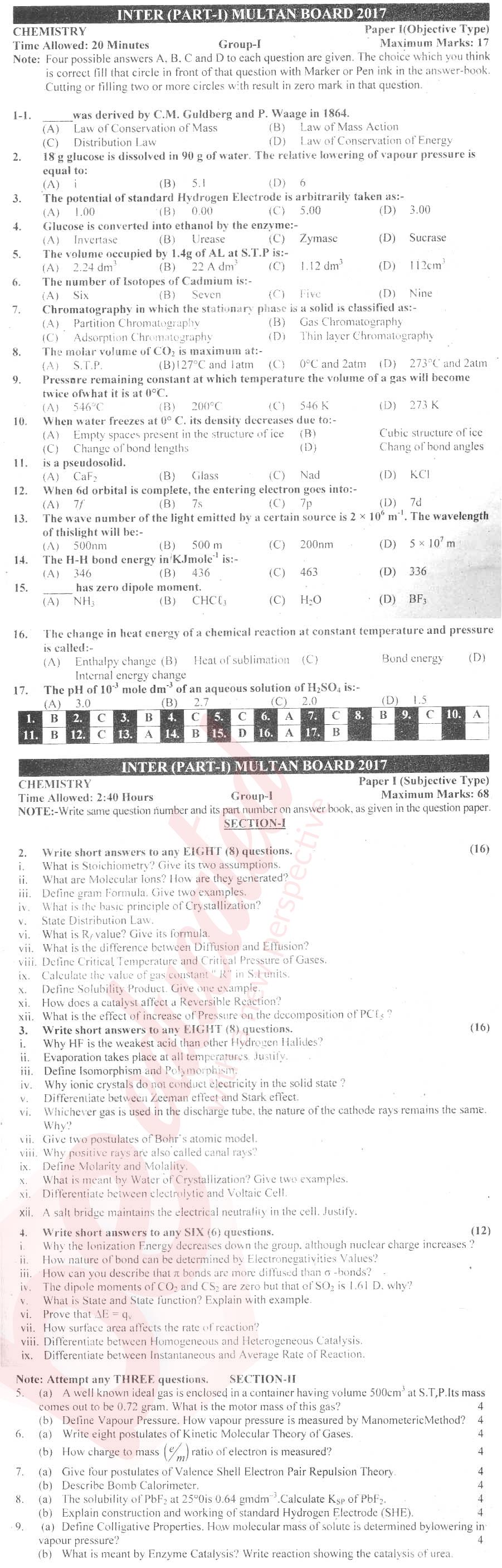 Chemistry FSC Part 1 Past Paper Group 1 BISE Multan 2017