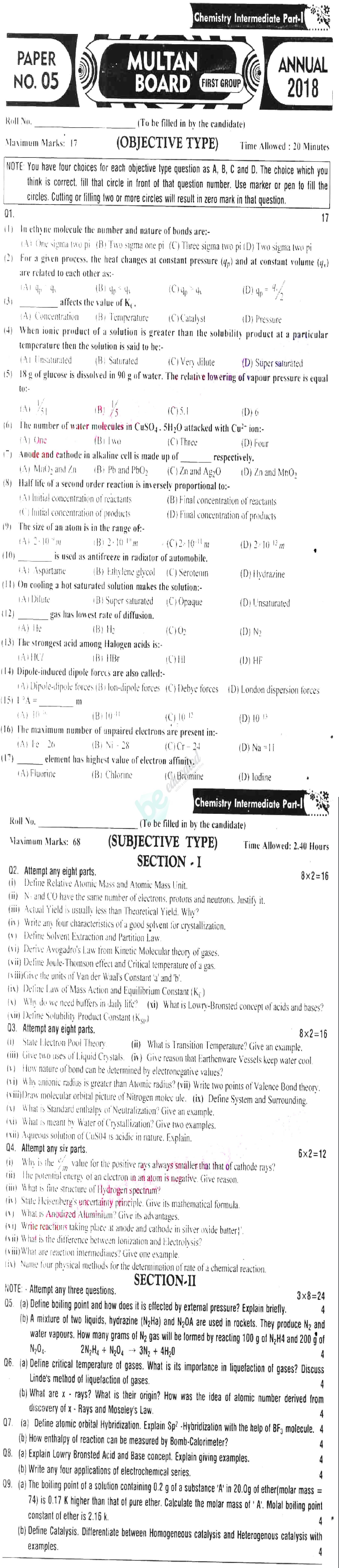 Chemistry FSC Part 1 Past Paper Group 1 BISE Multan 2018