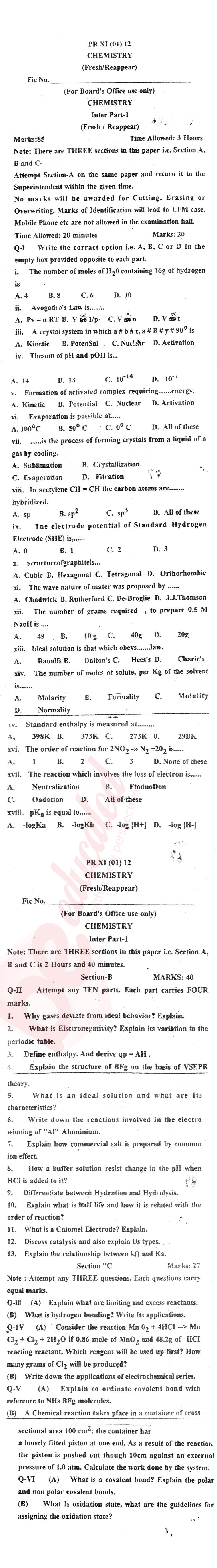 Chemistry FSC Part 1 Past Paper Group 1 BISE Peshawar 2012