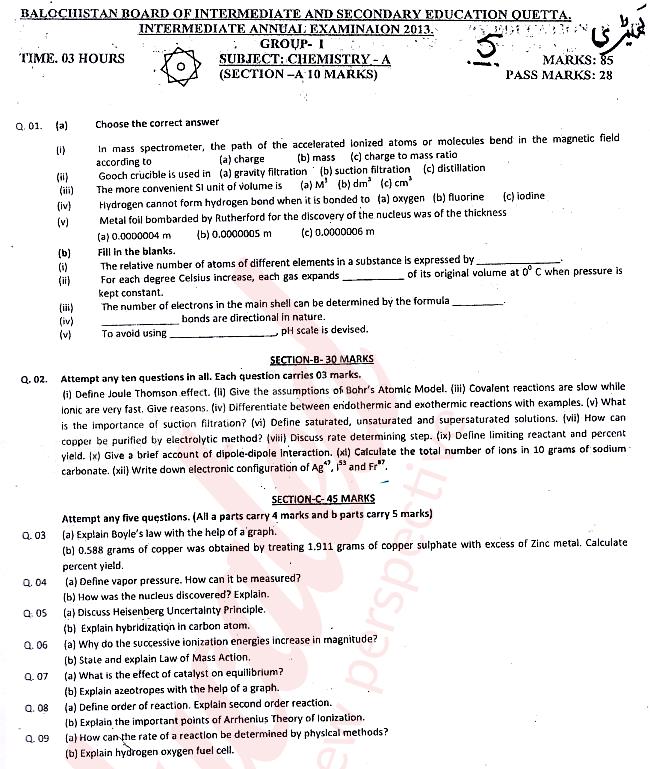 Chemistry FSC Part 1 Past Paper Group 1 BISE Quetta 2013