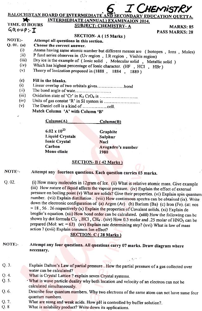 Chemistry FSC Part 1 Past Paper Group 1 BISE Quetta 2014