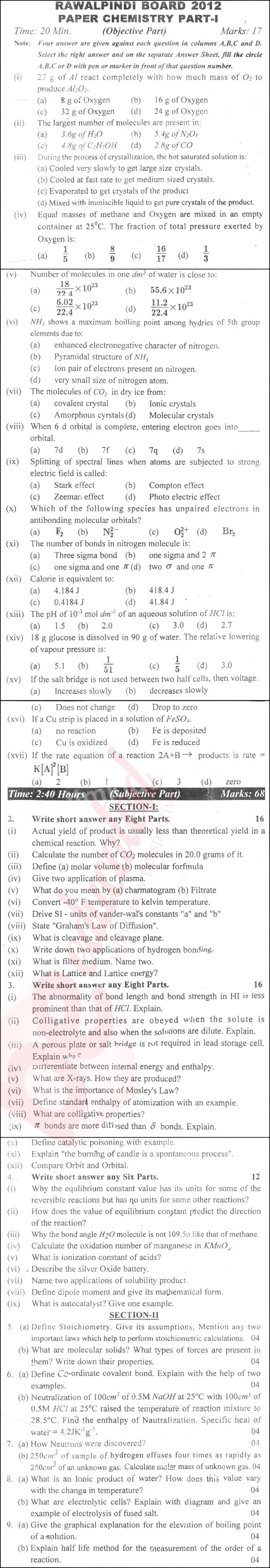 Chemistry FSC Part 1 Past Paper Group 1 BISE Rawalpindi 2012