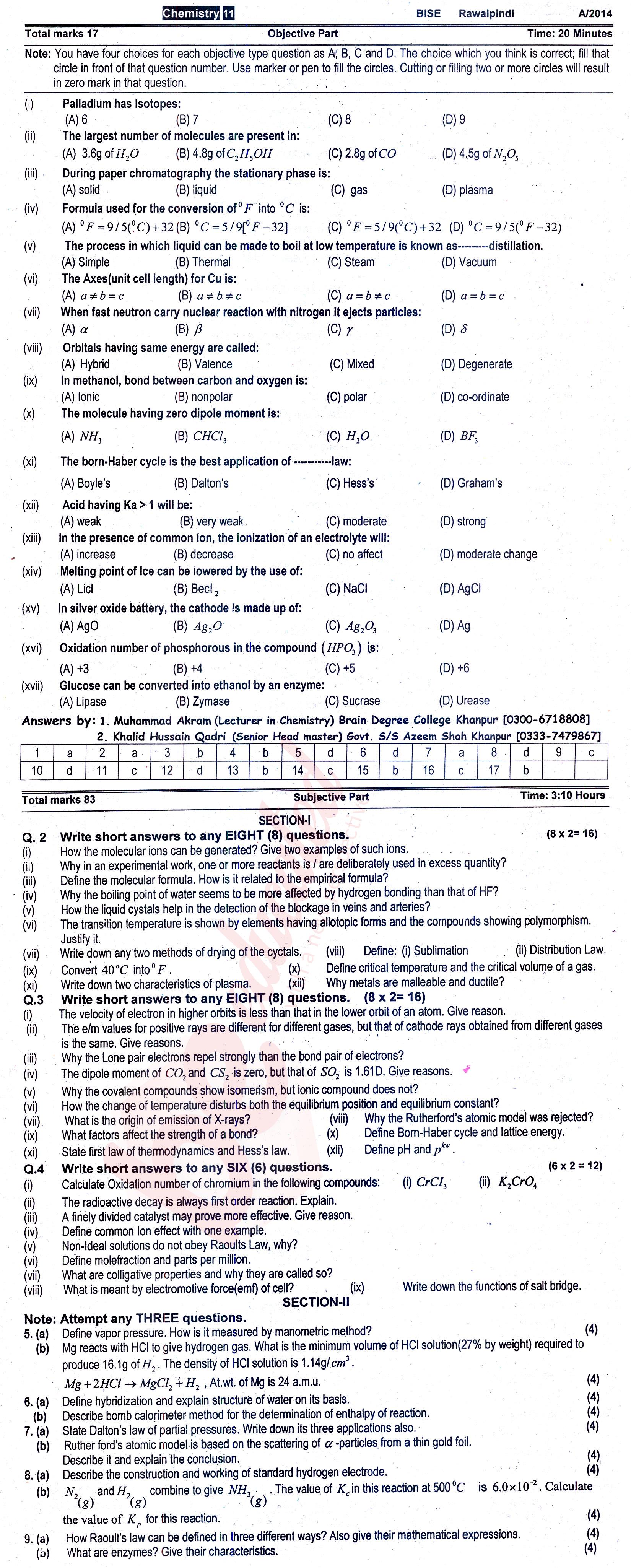 Chemistry FSC Part 1 Past Paper Group 1 BISE Rawalpindi 2014