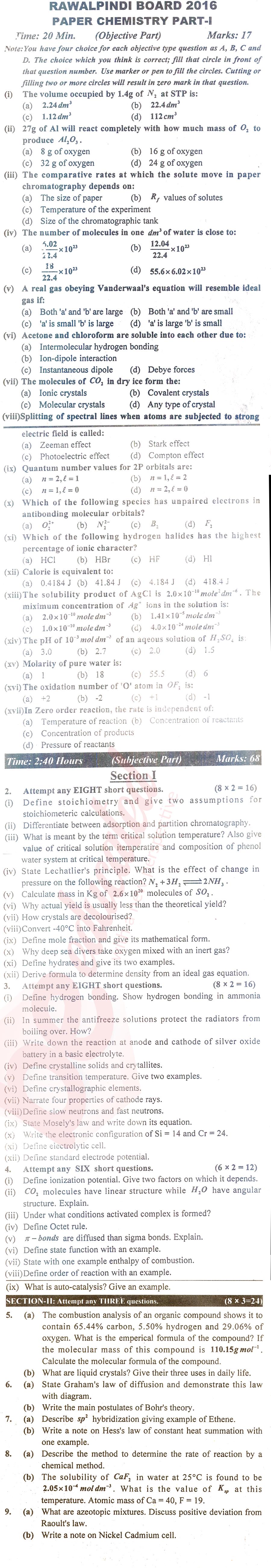 Chemistry FSC Part 1 Past Paper Group 1 BISE Rawalpindi 2016