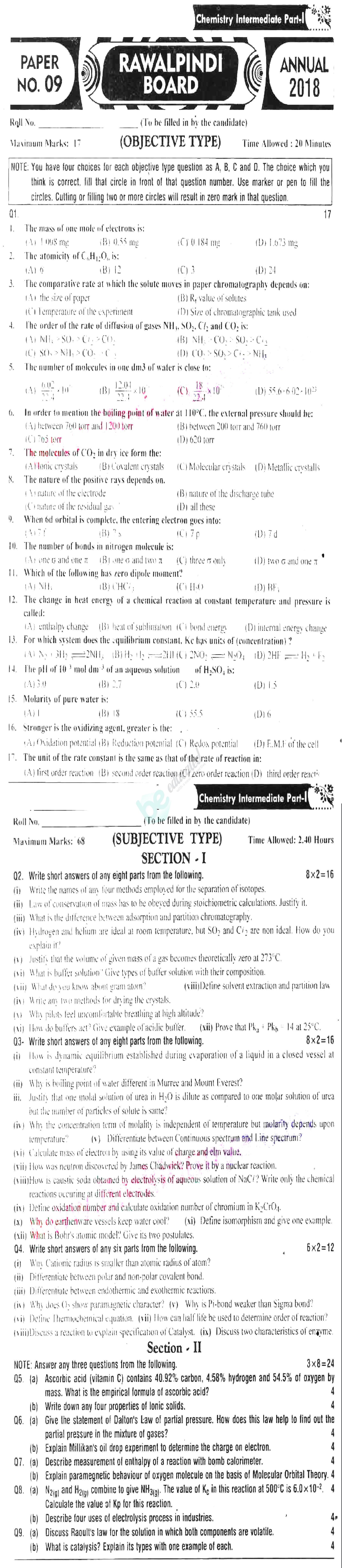 Chemistry FSC Part 1 Past Paper Group 1 BISE Rawalpindi 2018