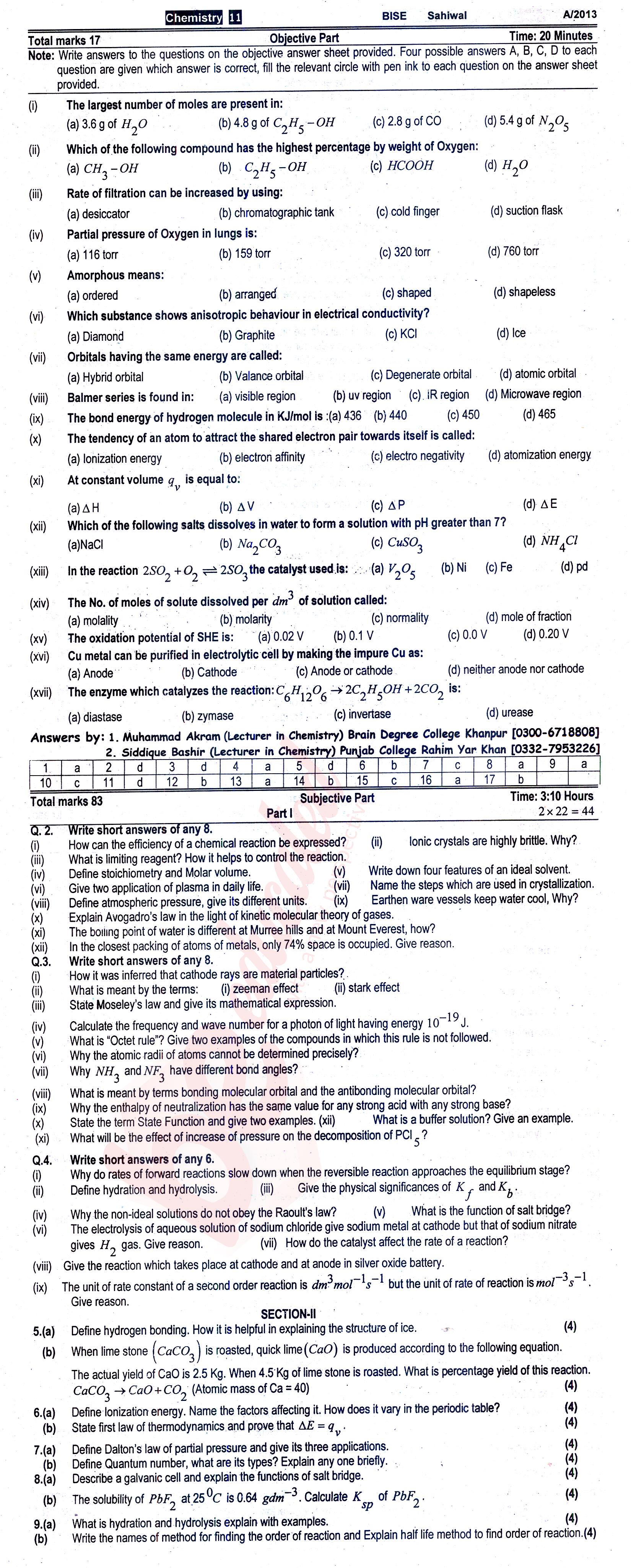 Chemistry FSC Part 1 Past Paper Group 1 BISE Sahiwal 2013