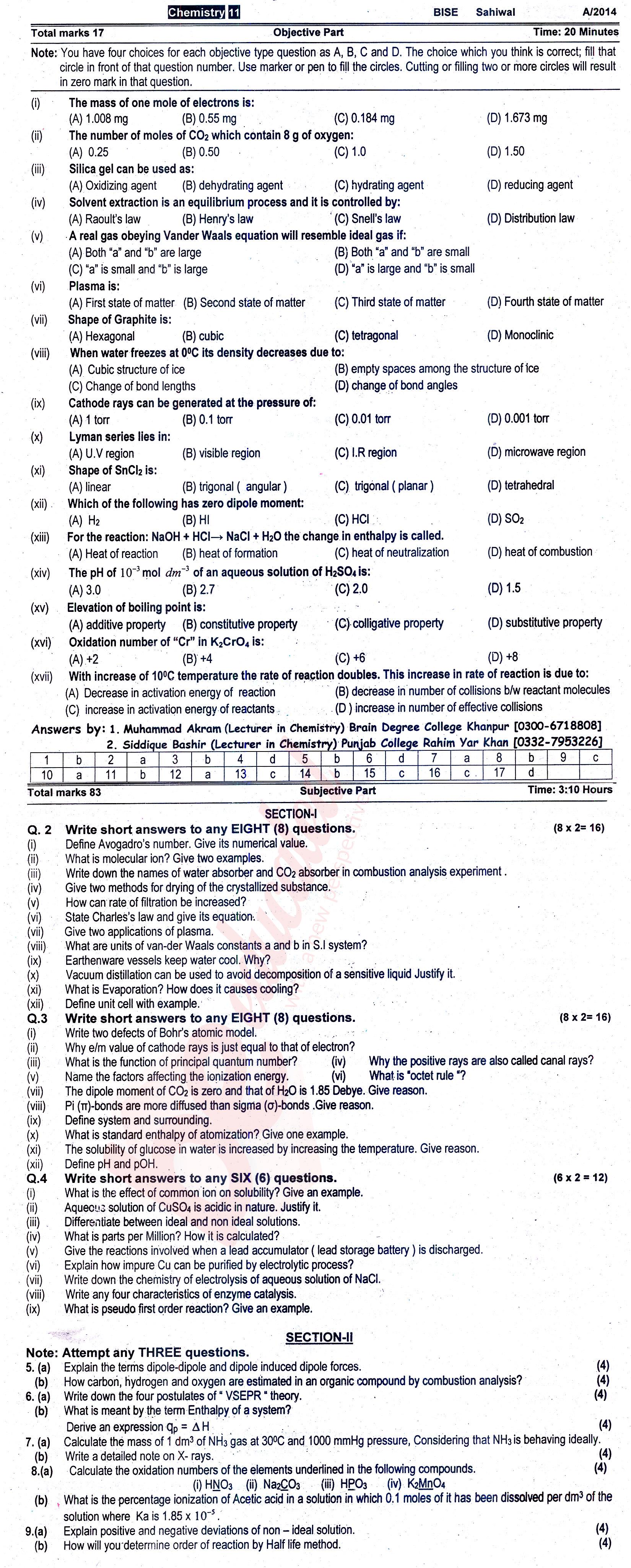 Chemistry FSC Part 1 Past Paper Group 1 BISE Sahiwal 2014