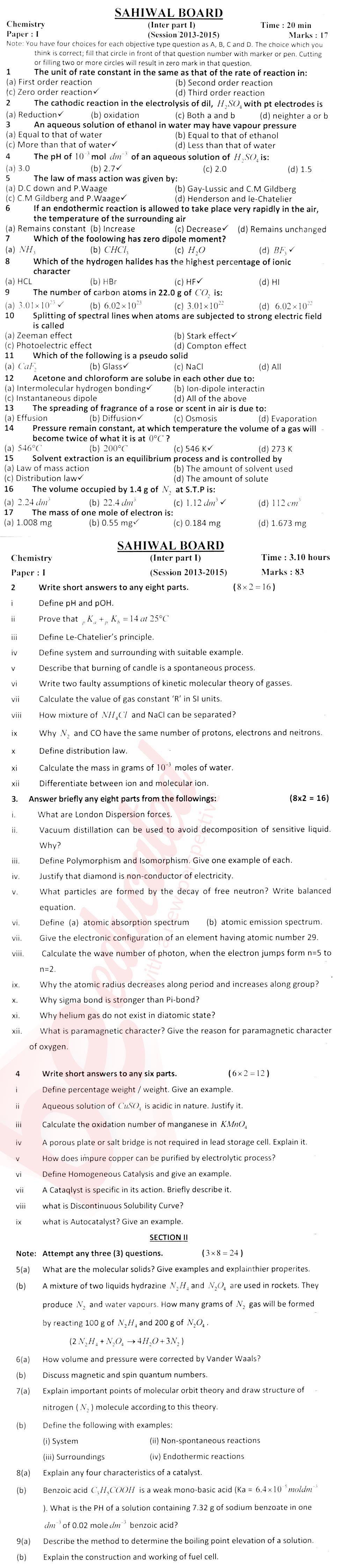 Chemistry FSC Part 1 Past Paper Group 1 BISE Sahiwal 2015