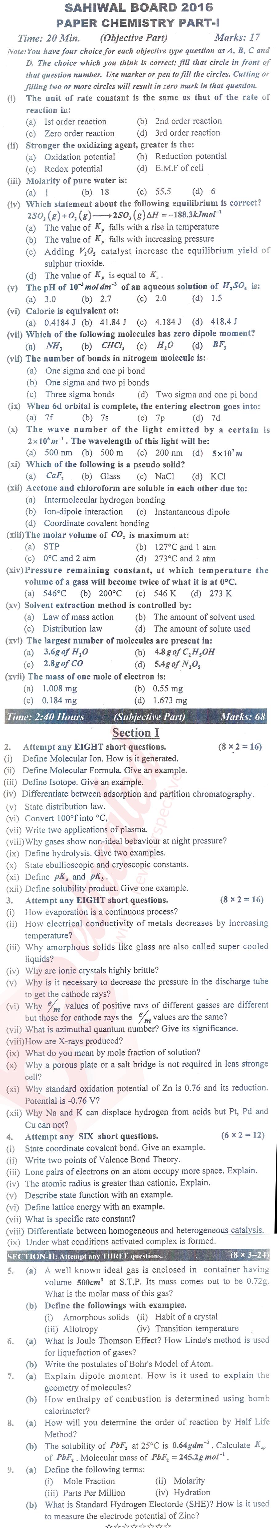 Chemistry FSC Part 1 Past Paper Group 1 BISE Sahiwal 2016