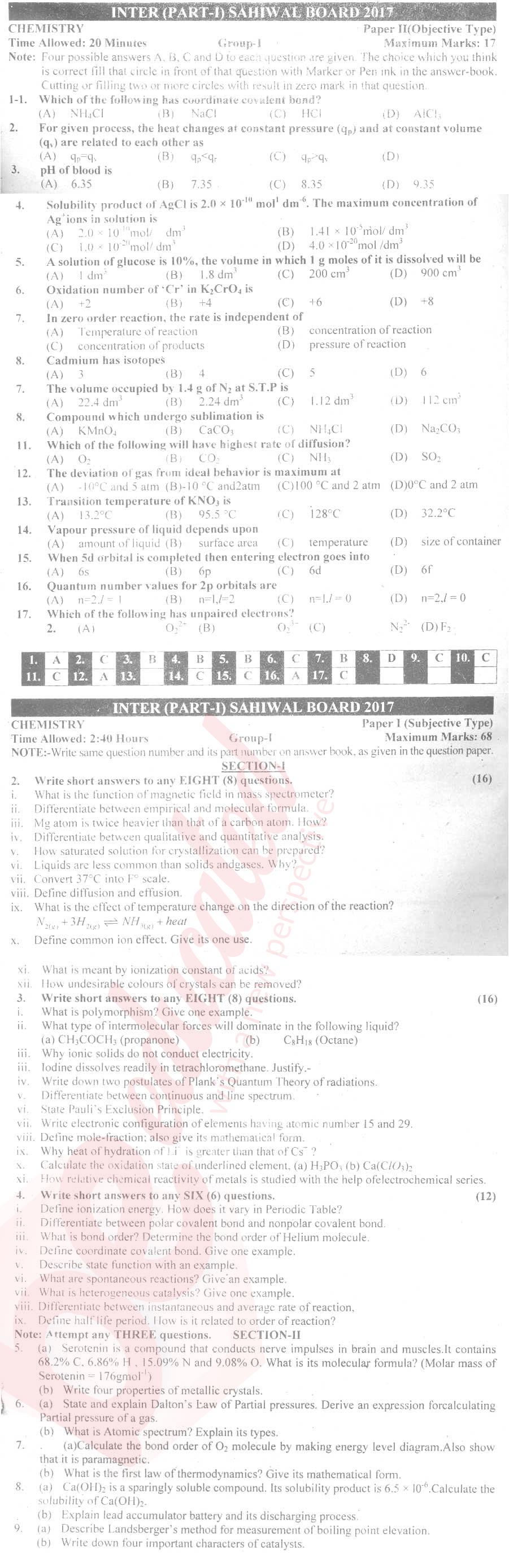 Chemistry FSC Part 1 Past Paper Group 1 BISE Sahiwal 2017