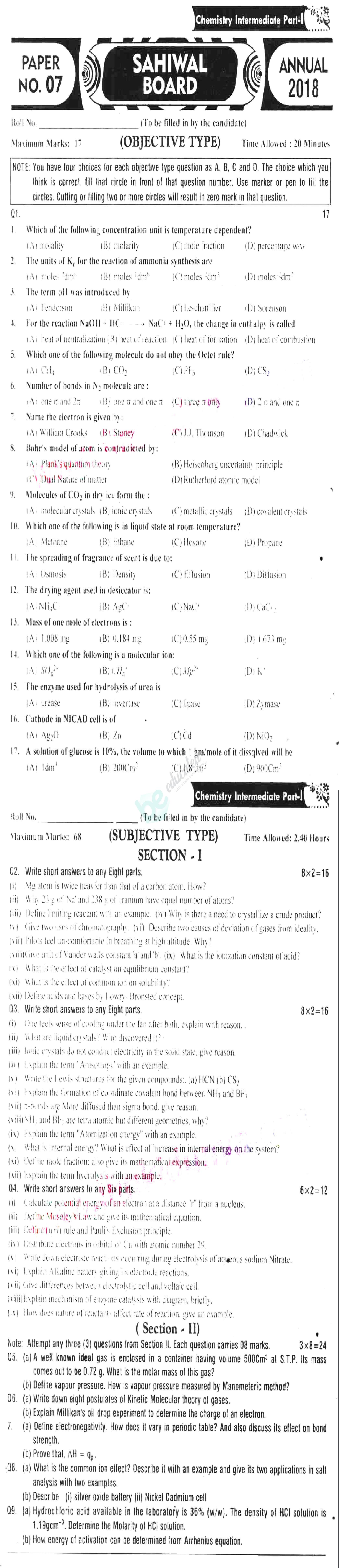 Chemistry FSC Part 1 Past Paper Group 1 BISE Sahiwal 2018