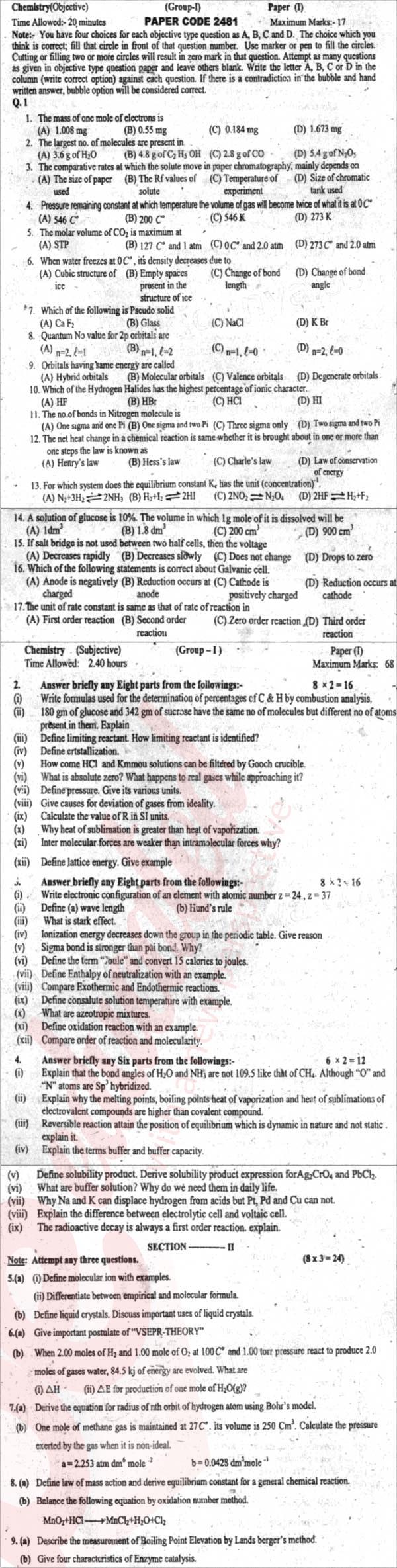 Chemistry FSC Part 1 Past Paper Group 1 BISE Sargodha 2012