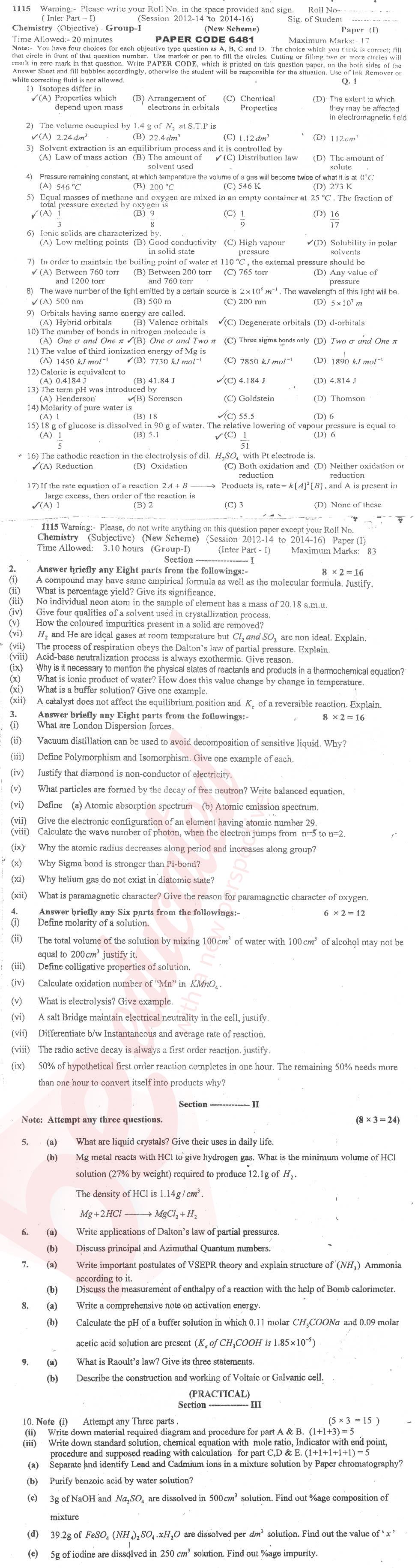 Chemistry FSC Part 1 Past Paper Group 1 BISE Sargodha 2015