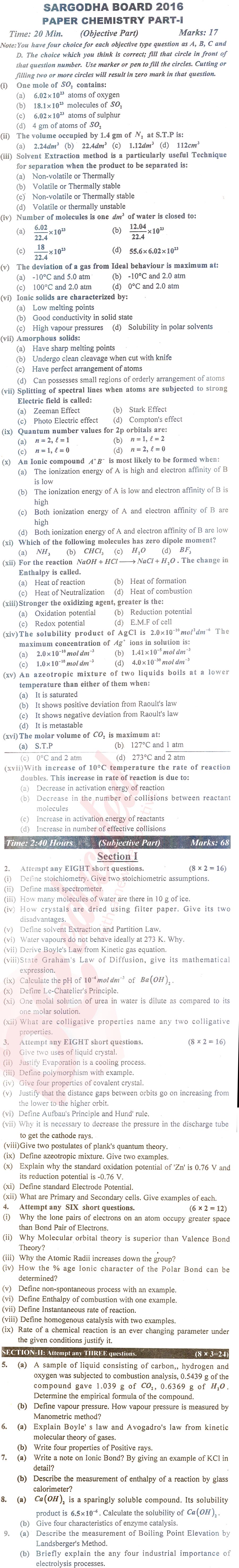 Chemistry FSC Part 1 Past Paper Group 1 BISE Sargodha 2016