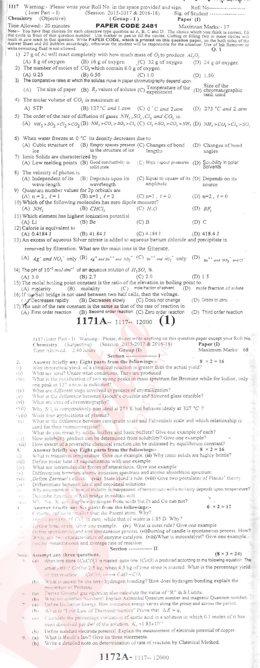 Chemistry FSC Part 1 Past Paper Group 1 BISE Sargodha 2017