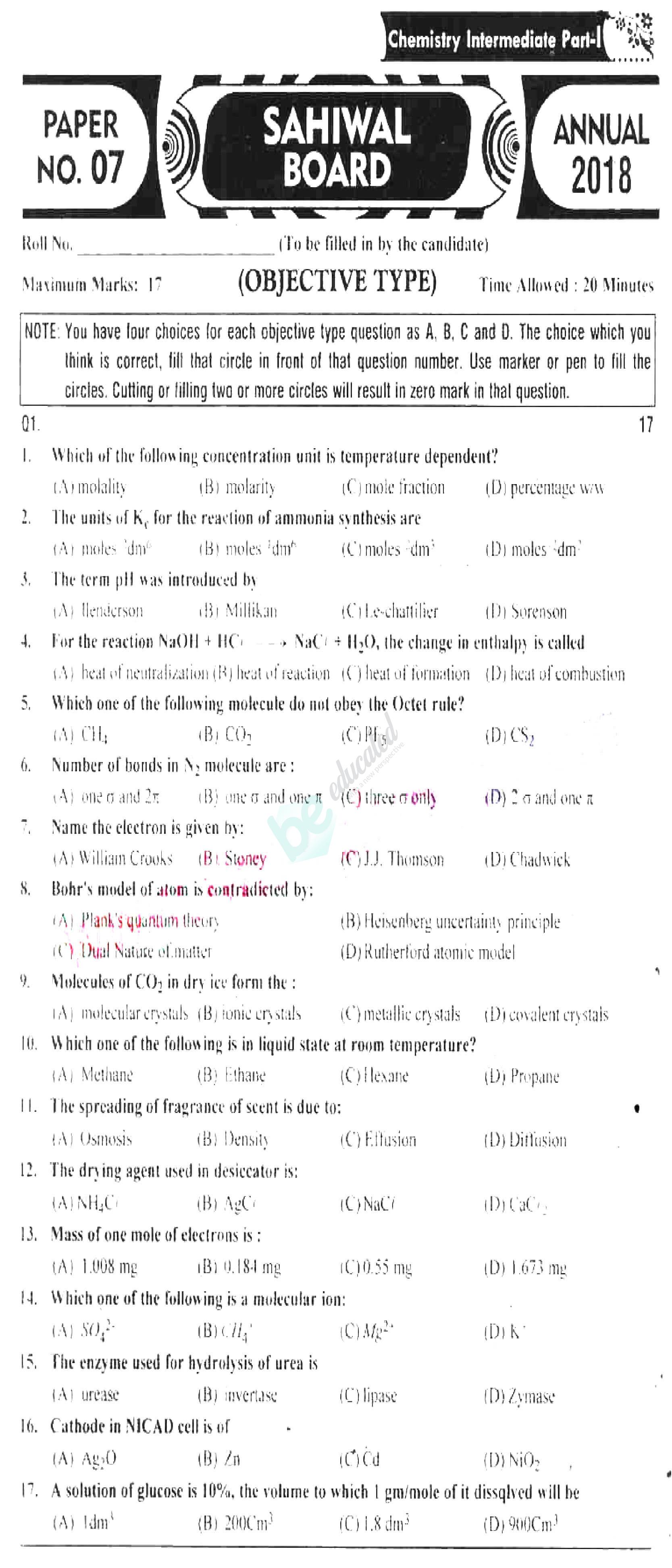 Chemistry FSC Part 1 Past Paper Group 1 BISE Sargodha 2018