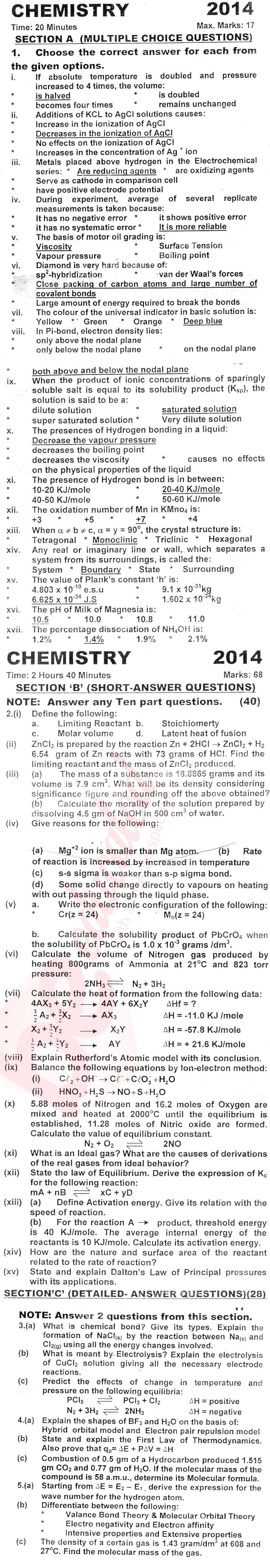 Chemistry FSC Part 1 Past Paper Group 1 KPBTE 2014