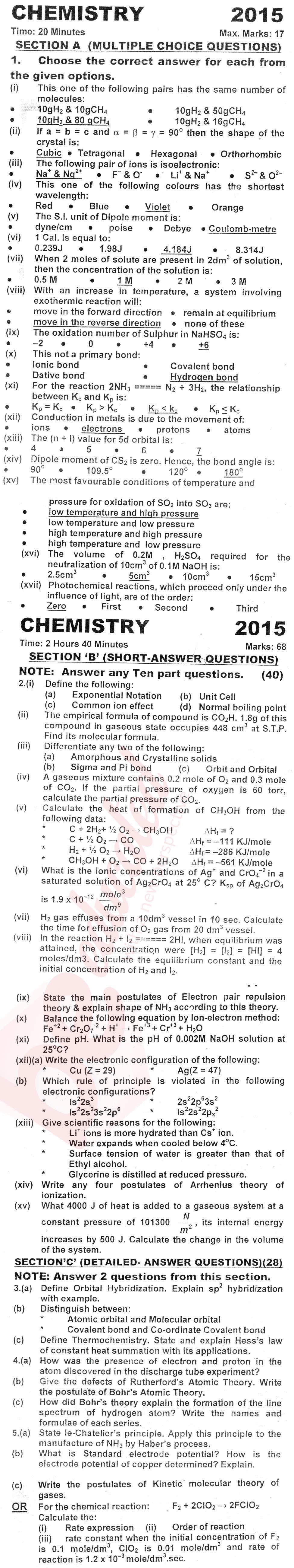 Chemistry FSC Part 1 Past Paper Group 1 KPBTE 2015