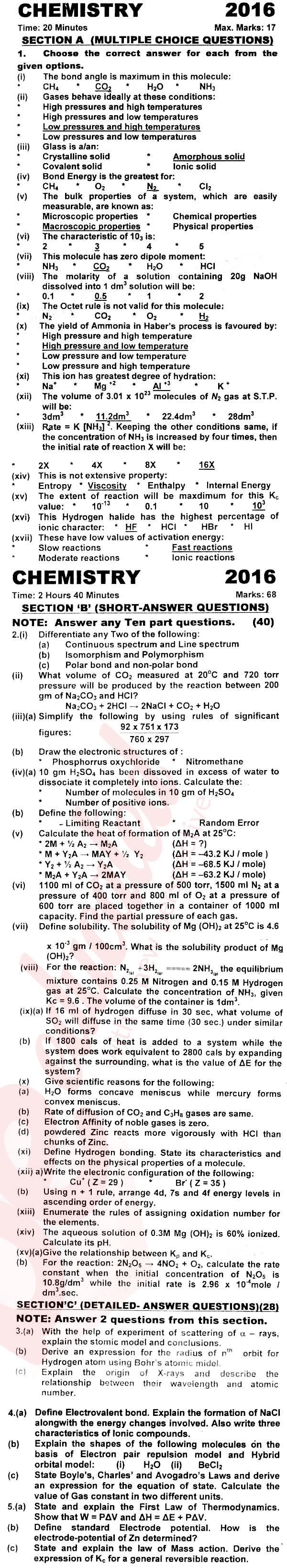 Chemistry FSC Part 1 Past Paper Group 1 KPBTE 2016