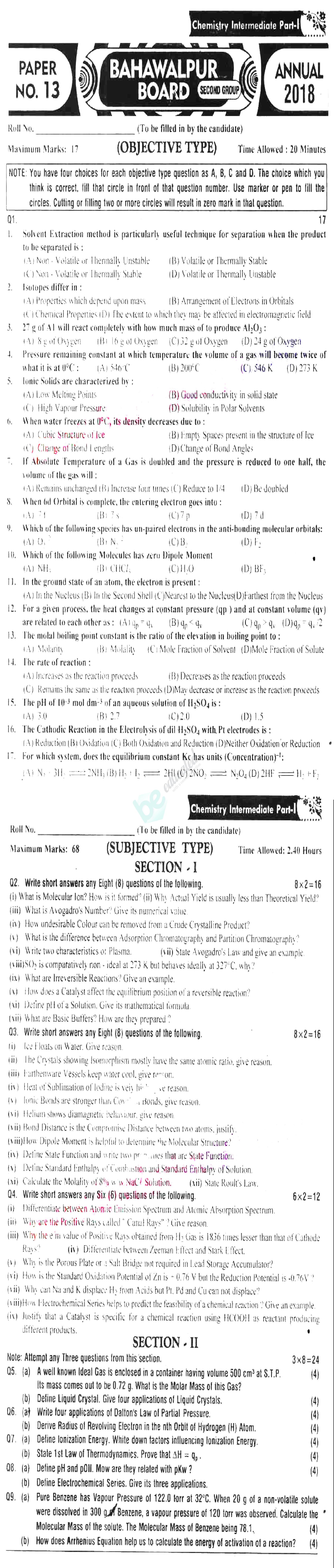 Chemistry FSC Part 1 Past Paper Group 2 BISE Bahawalpur 2018