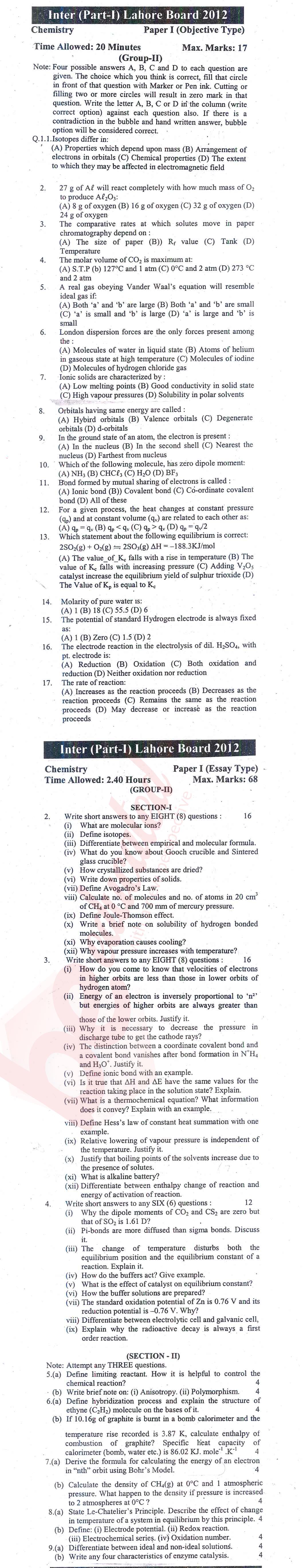 Chemistry FSC Part 1 Past Paper Group 2 BISE Lahore 2012