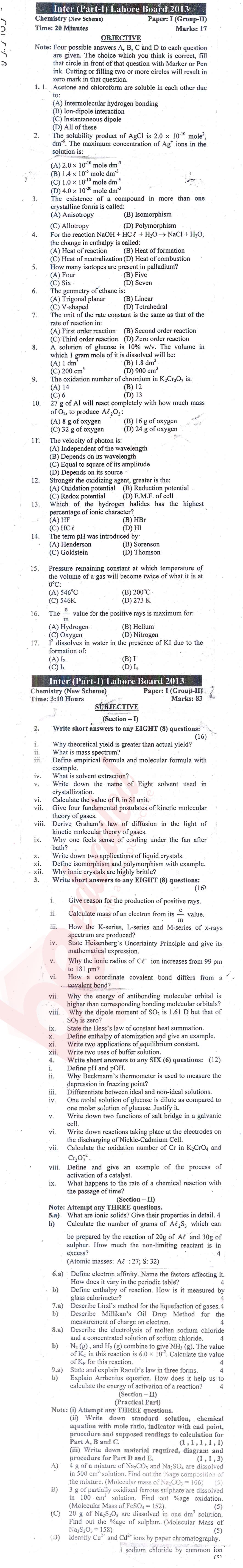 Chemistry FSC Part 1 Past Paper Group 2 BISE Lahore 2013