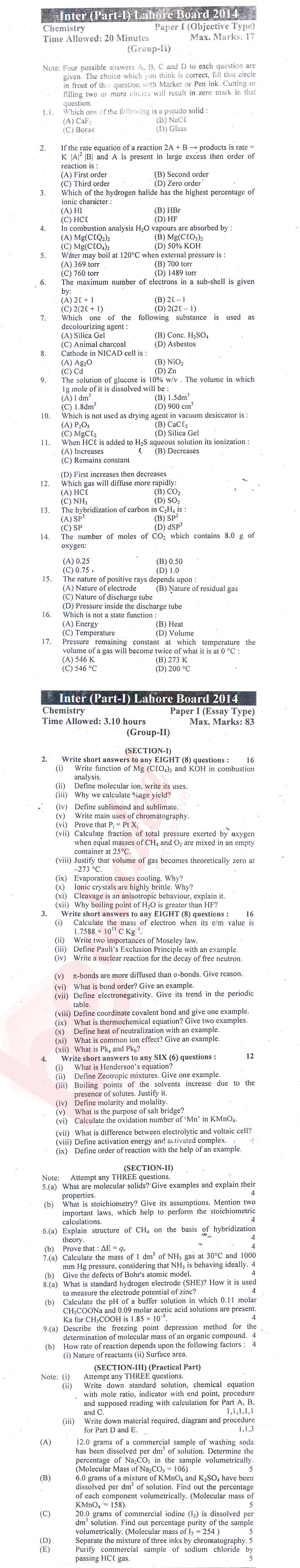 Chemistry FSC Part 1 Past Paper Group 2 BISE Lahore 2014