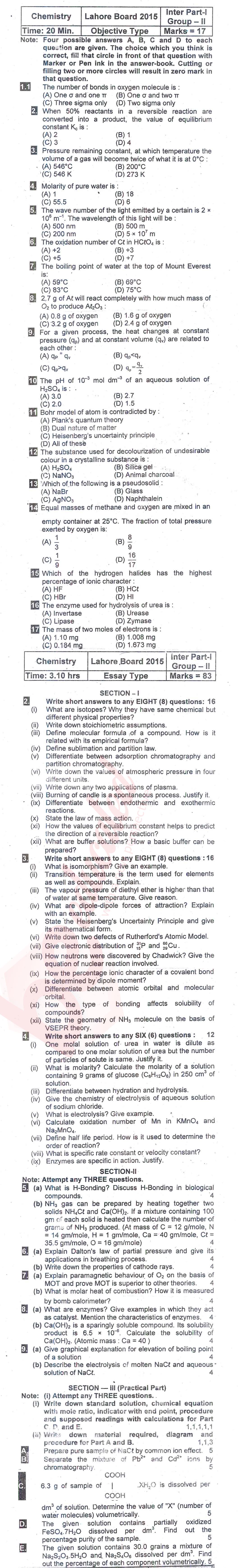 Chemistry FSC Part 1 Past Paper Group 2 BISE Lahore 2015