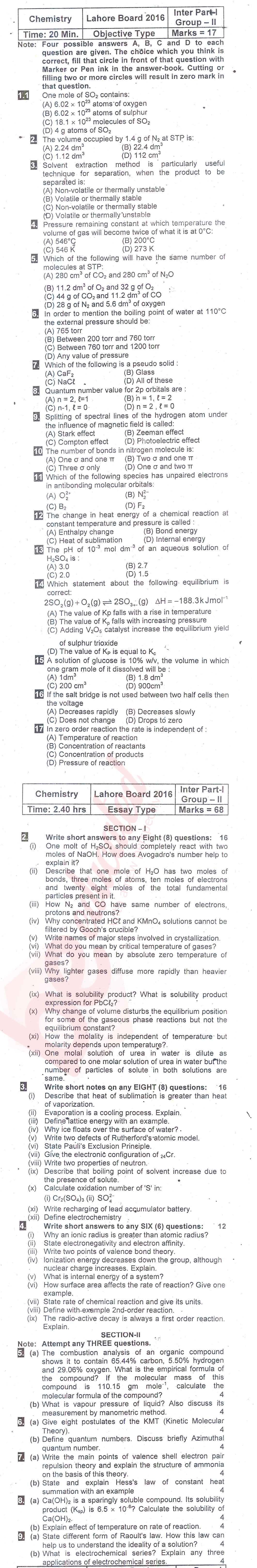Chemistry FSC Part 1 Past Paper Group 2 BISE Lahore 2016