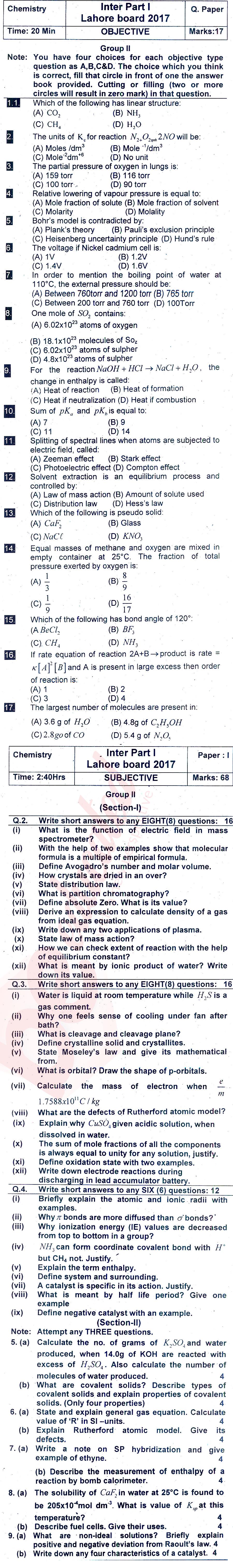 Chemistry FSC Part 1 Past Paper Group 2 BISE Lahore 2017