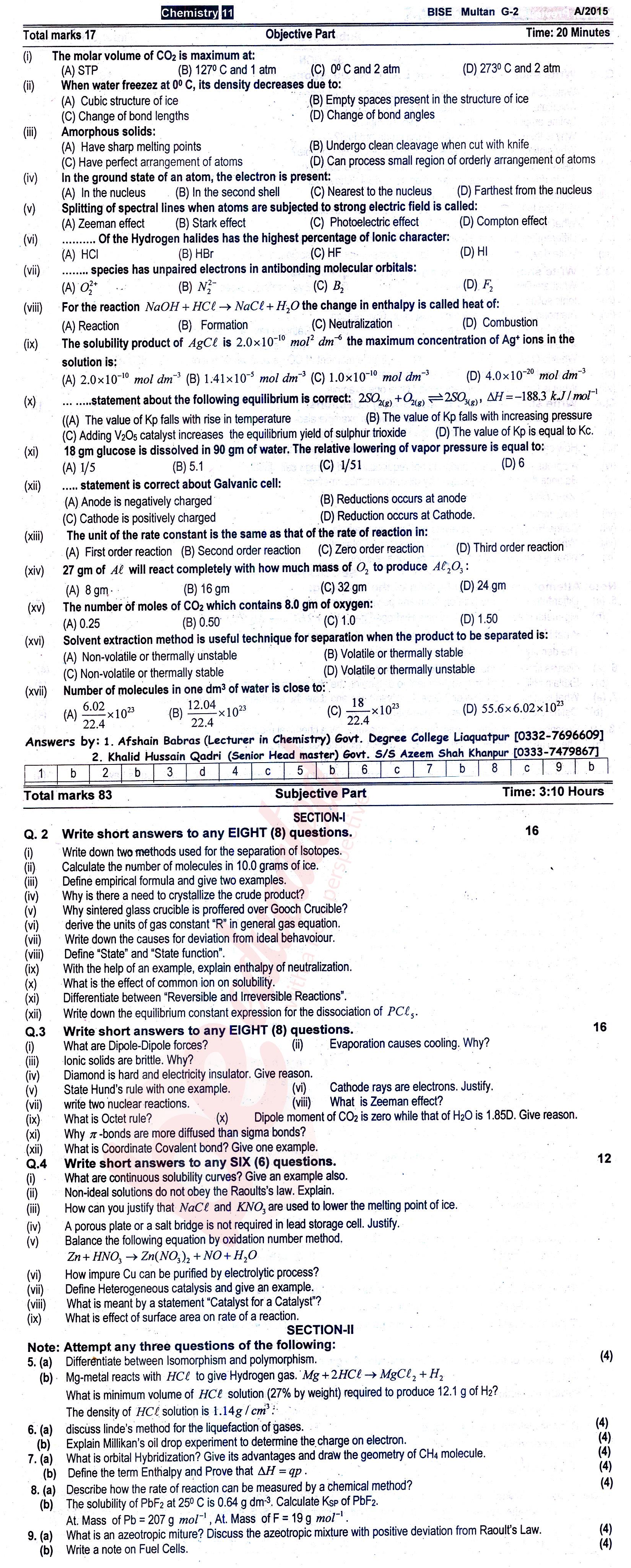 Chemistry FSC Part 1 Past Paper Group 2 BISE Multan 2015