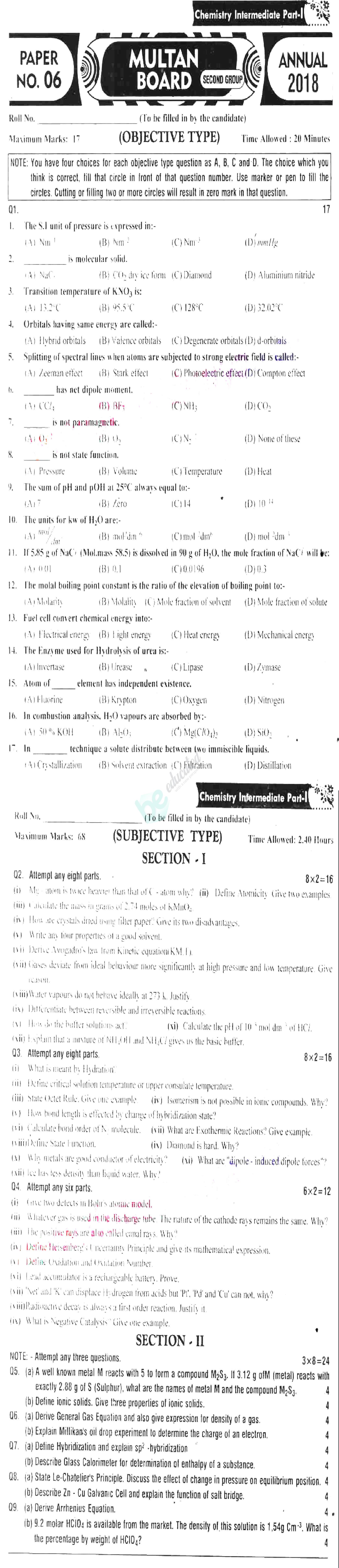 Chemistry FSC Part 1 Past Paper Group 2 BISE Multan 2018