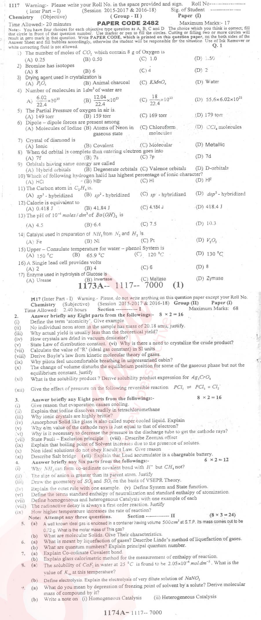 Chemistry FSC Part 1 Past Paper Group 2 BISE Sargodha 2017