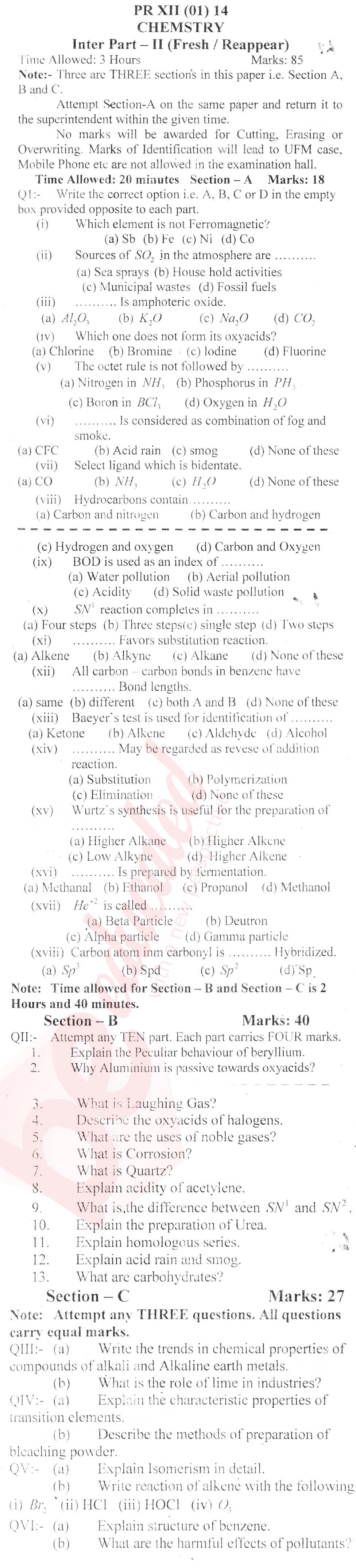 Chemistry FSC Part 2 Past Paper Group 1 BISE Abbottabad 2014