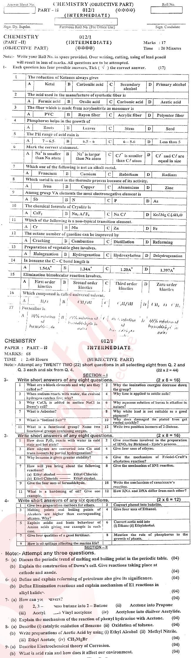 Chemistry FSC Part 2 Past Paper Group 1 BISE AJK 2012