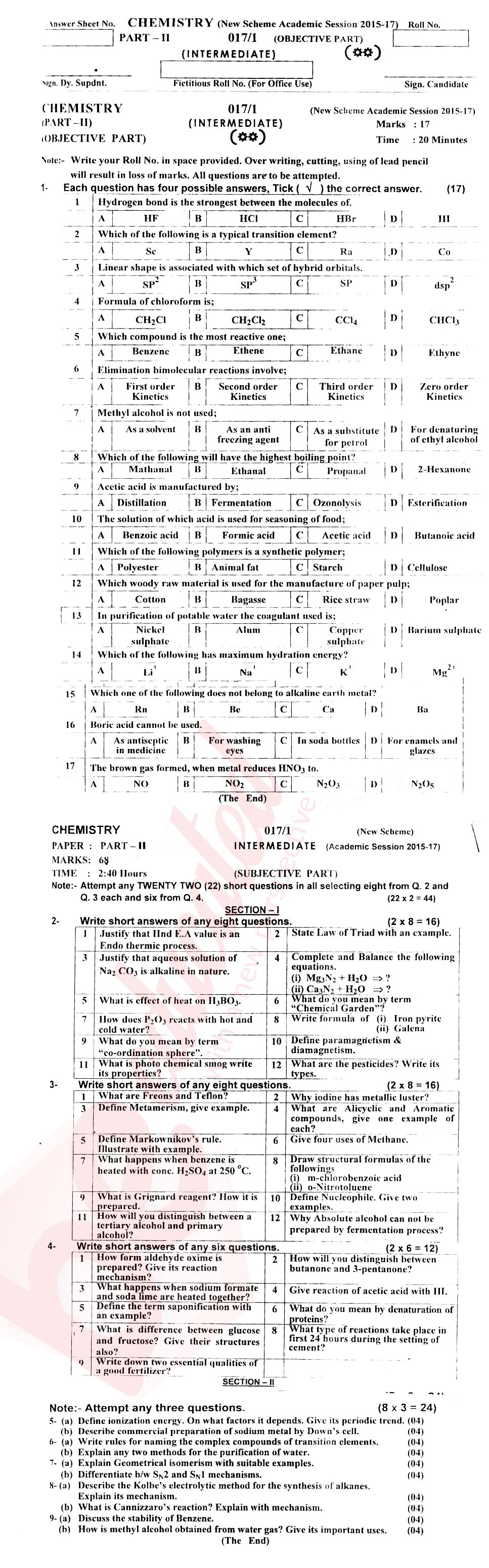 Chemistry FSC Part 2 Past Paper Group 1 BISE AJK 2017