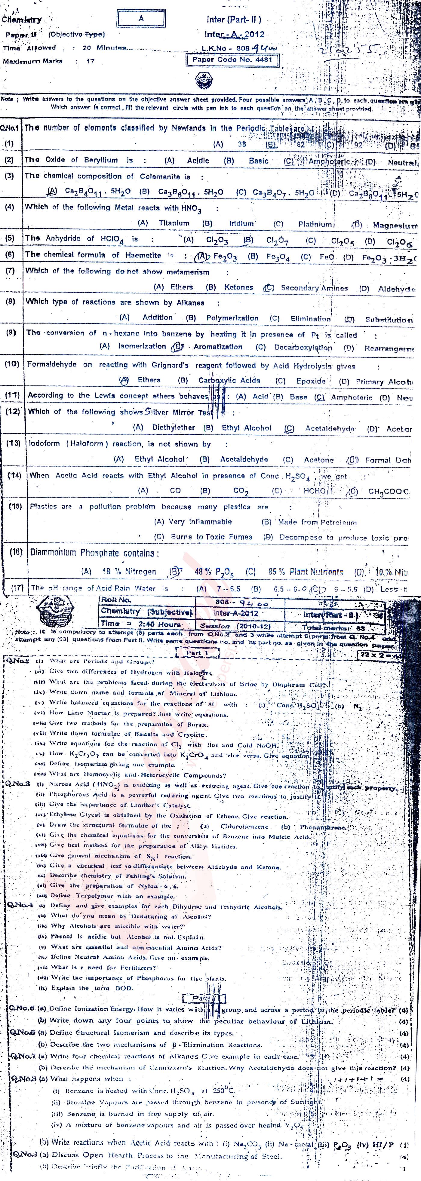 Chemistry FSC Part 2 Past Paper Group 1 BISE Bahawalpur 2012