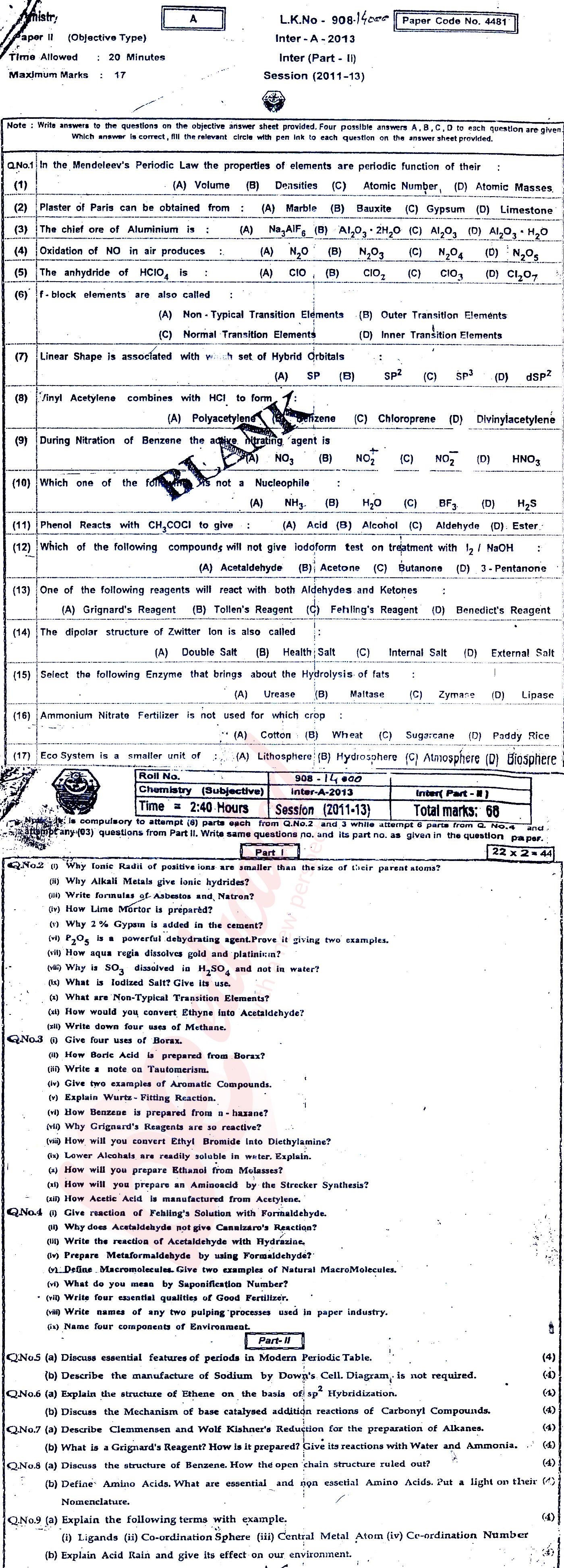 Chemistry FSC Part 2 Past Paper Group 1 BISE Bahawalpur 2013