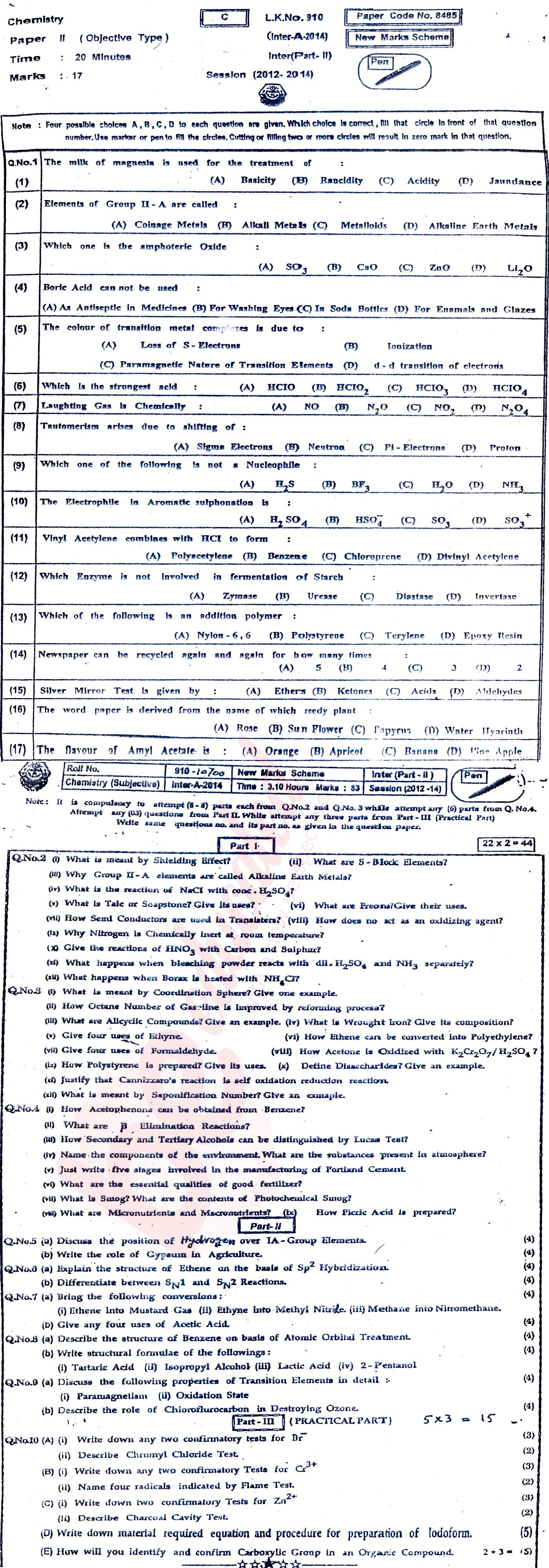 Chemistry FSC Part 2 Past Paper Group 1 BISE Bahawalpur 2014