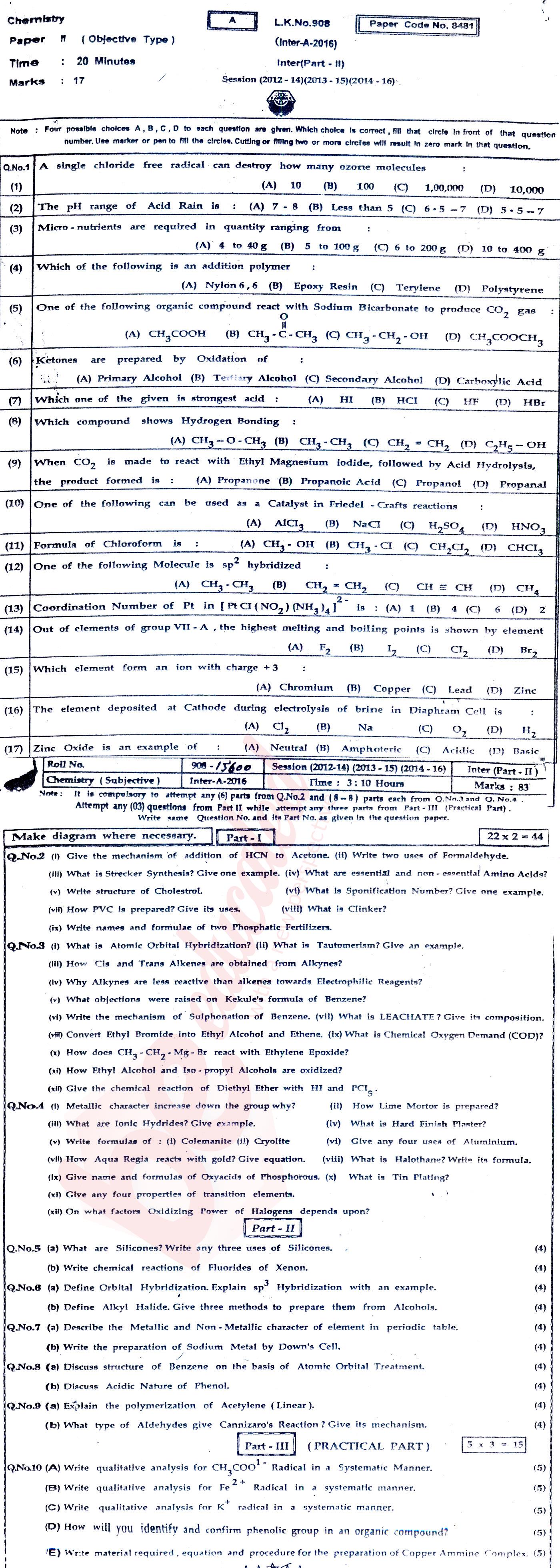 Chemistry FSC Part 2 Past Paper Group 1 BISE Bahawalpur 2016